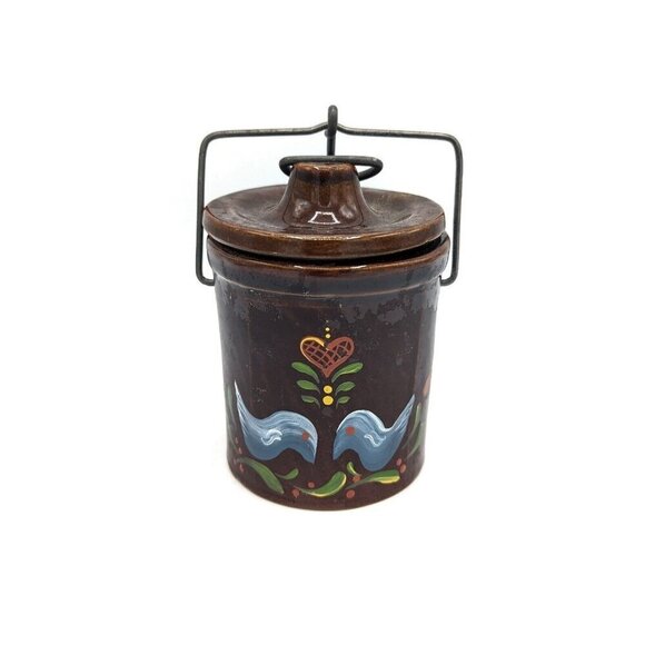 Unbranded Other - Vintage Stoneware Crock with Clasped Lid Hand Painted Folk Art Jam Jar Birds 5"
